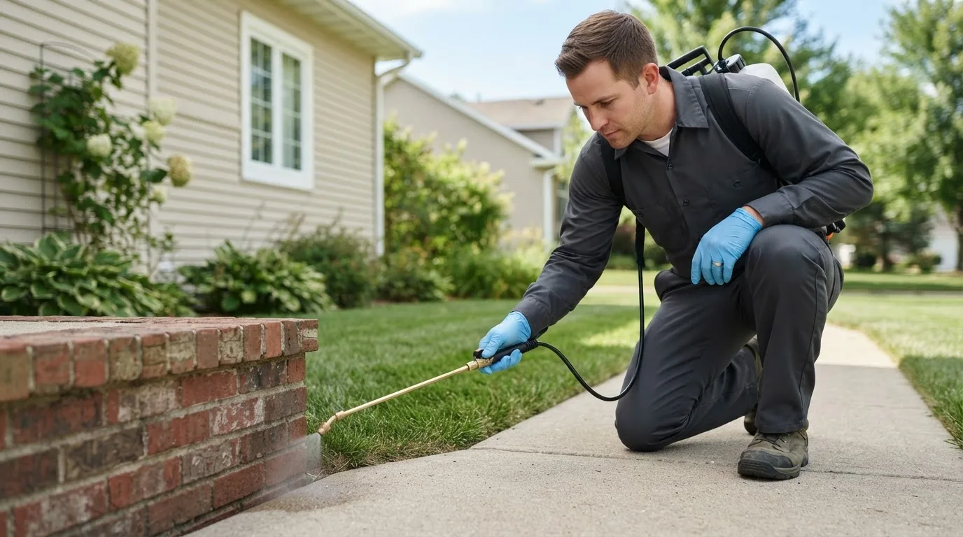 Pest control technician treating a home near Sondheimer, LA